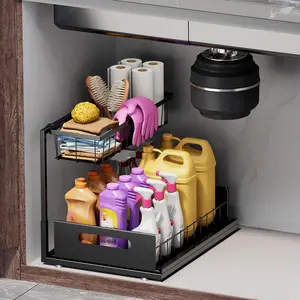 Pull Out Cabinet Organizer, 2 Tier Under Sink Slide Out Storage Shelf, Metal Sliding Drawer Rack for Kitchen Bathroom Pantry and Closet Organization
