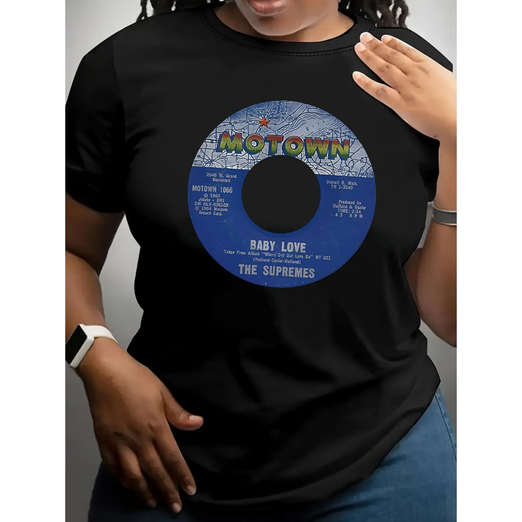 Womens 180g Black Cotton Graphic Print T-Shirt with Baby Love Motown 1066 The Supremes Vinyl Record Design Short Sleeve Crewneck Tee Music Lover Retro Style Top Casual Outfit Trendy Fashion Apparel