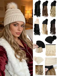 Knitted hat Beanie with Hair Beanie Winter Hat Cap wig with 20inch Detachable Wavy Curly Hair Extensions Warm Knitted Beanie for women Daily Black Friday & Christmas，Suitable for women to wear in winter.