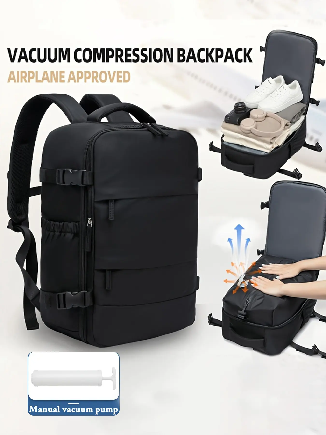 Hiking Backpack Set, Vacuum Compression Travel Bag, Multi-Compartment Nylon Backpack, Unisex, Large Capacity, Includes Pump, Ideal for Business Trips