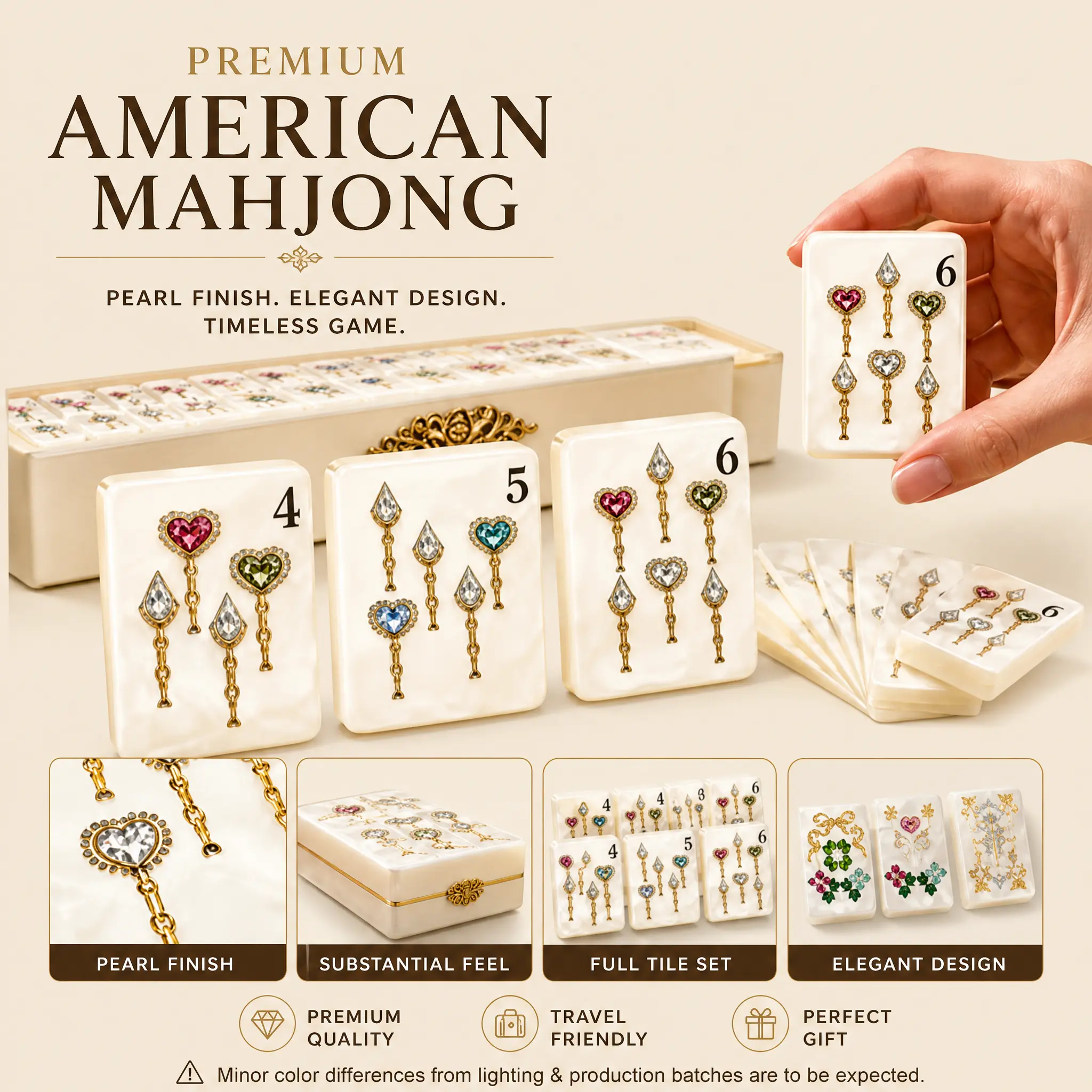 American Mahjong Tile Set with Mother of Pearl Finish, Handcrafted Pearlescent Acrylic Tiles with Exquisite Designs, Durable for Parties & Gifting, Embroidered, Perfect Gift, Indoor Recreation