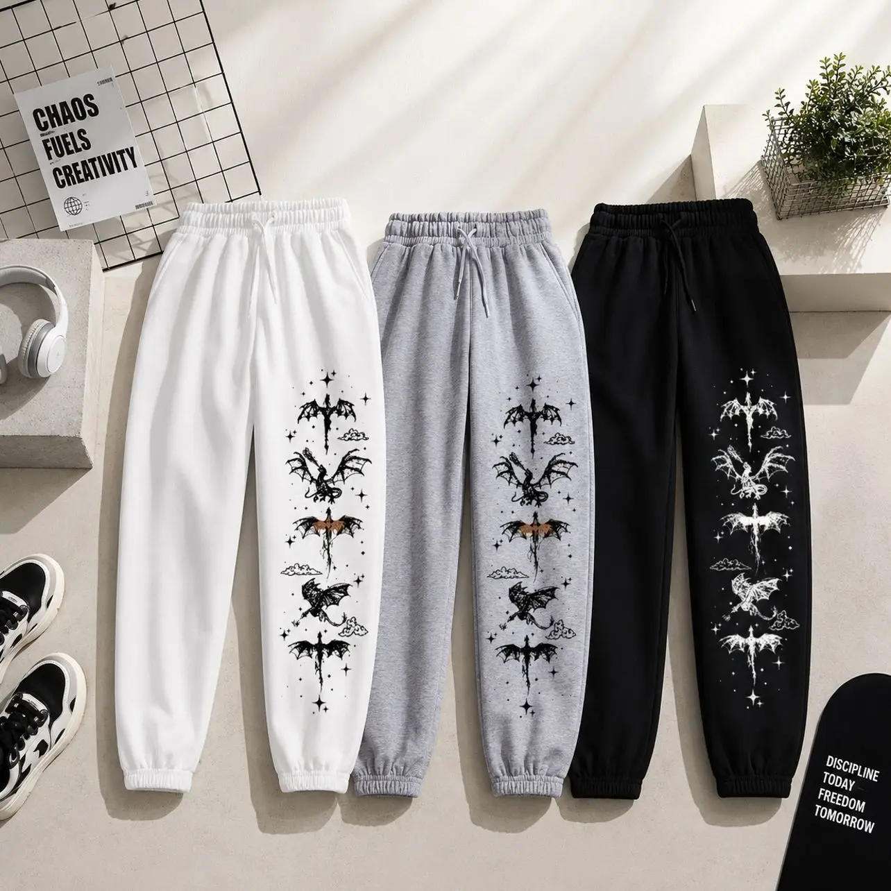 Oversized Men's Streetwear Jogger Pants Dragon Graphic Print Casual Fleece Sweatpants Elastic Waist Loose Fit Athletic Trousers for Running Travel Home and Daily Outfit G