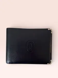 Pre-owned Cartier Leather Small Leather Goods Calfskin Must De Bi fold Wallet (Black)