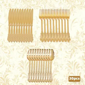 30PCS Royal Classic Retro Carved Gold Dinnerware Set ✨🍽️ - Elegant Shiny Tableware Cutlery for Weddings/Family Gatherings, Black Friday Deal: Ideal Gift, Tableware Utensils