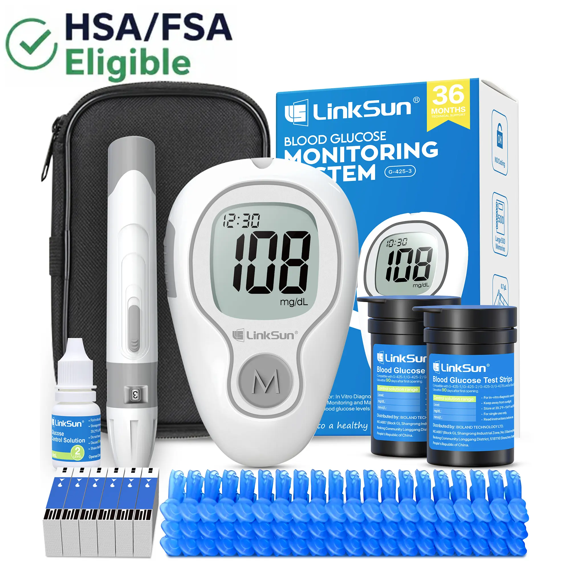LINKSUN G-425-3 Blood Glucose Monitor Kit - No-Coding, Large Display, 1 Lancing Device, Control Solution Incl, Advanced Accuracy, Easy Setup, Minimal Pain, Comfortable Experience - HSA/FSA Eligible for Home Use (100/50 Test Strips & 100/50 Lancets)