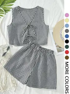 2-piece plaid striped sleeveless crop vest top and high-waisted loose shorts women's casual suit Womenswear
