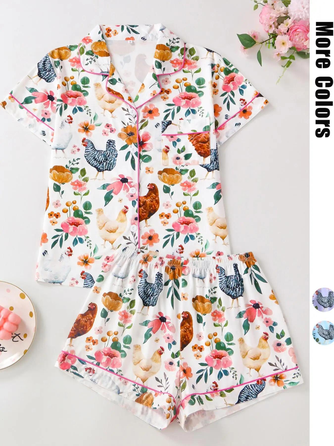 Women's Chicken & Floral Print Button Top & Shorts Pajama Two-piece Set, Casual Comfy Shortsleeve Top & Shorts Pj Set, Ladies Sleepwear for All Season
