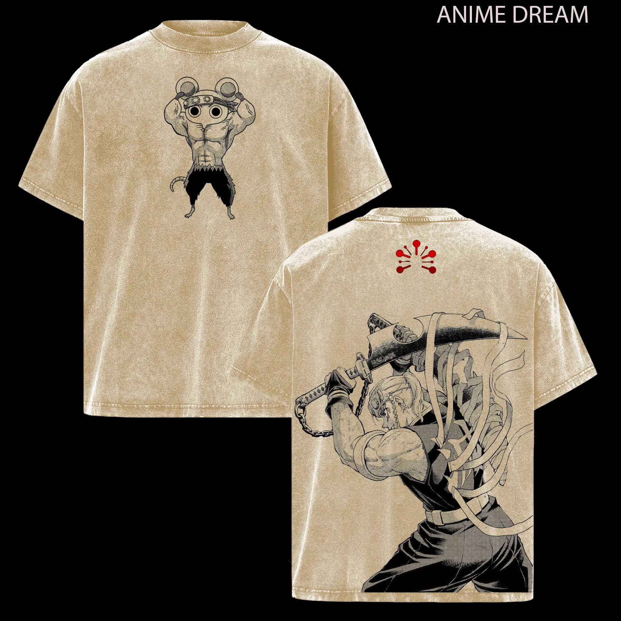 Tengen Muscle Mice Demon Slayer Anime Double Printed Vintage Washed Tee Unisex Oversize Anime Manga Washed Heavyweight Cotton T-shirt