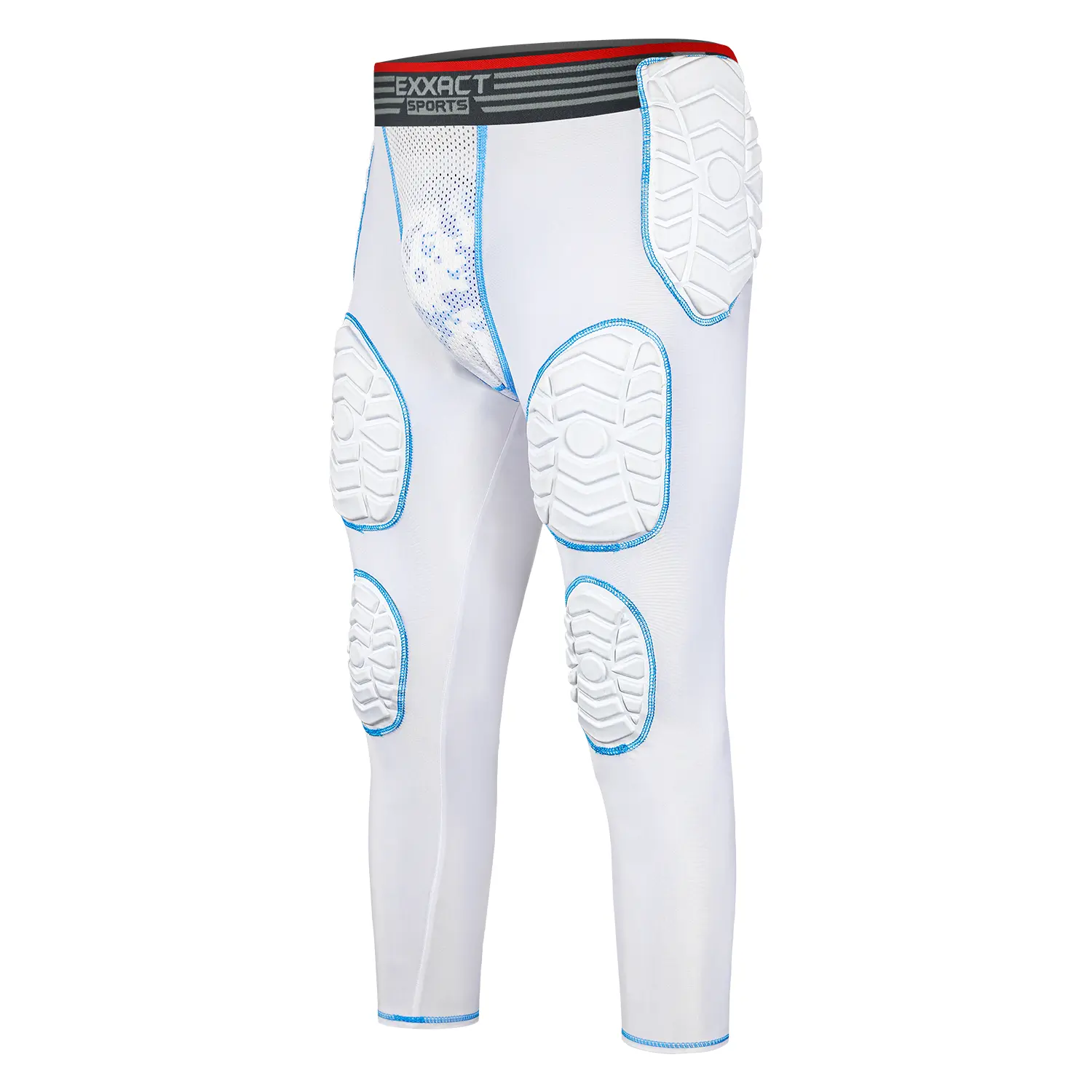 Exxact Sports Men's Compression Pads Leggings - 7-Pad Football Girdle Pants with Cup Pocket, Integrated Hip, Thigh, Knee & Tailbone Protection for Game-Day (White)