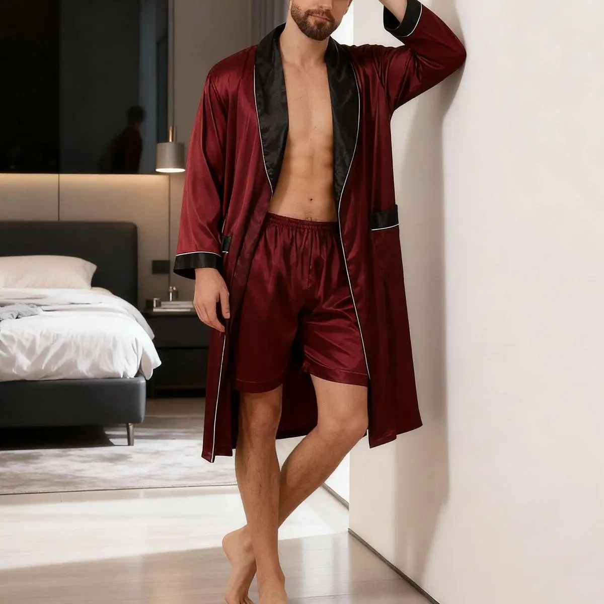 Men's Silky Loungewear Set, 2-Piece Cardigan Robe and Shorts, Elegant Menswear Nightwear with Contrast Lapel for Home or Hotel, Long Sleeve, Loose, Baggy, Oversized, Soft, Men's Robes