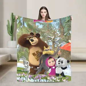 M-Mashas and B-Bears Cozy Flannel Blanket, Soft Cartoon Throw for Bedroom, Couch and Outdoor Use