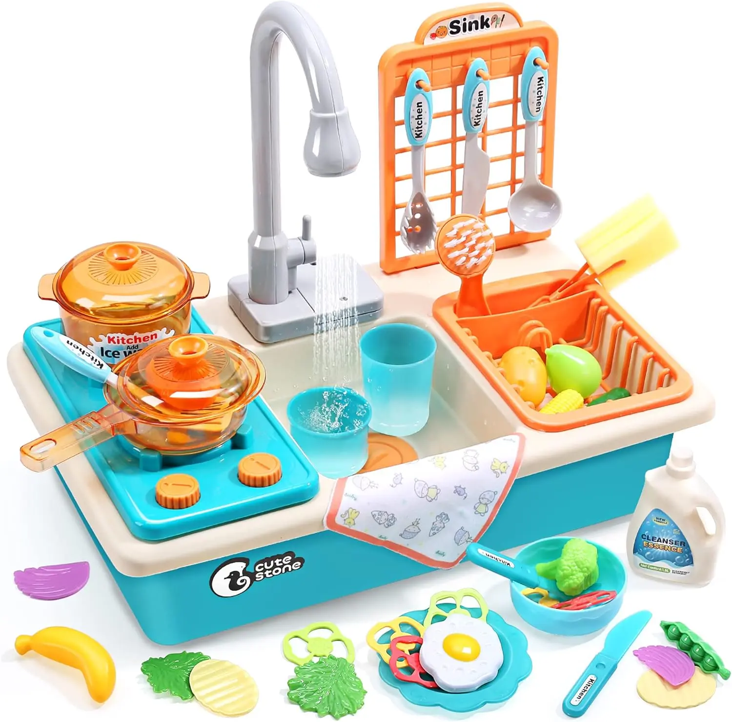 Cute Stone Pretend Play Kitchen Sink Toy - Upgraded Electric Running Water Faucet, Realistic Cooking Learning Set, Screen-Free Play Kitchen Accessories, Kitchen Play Set