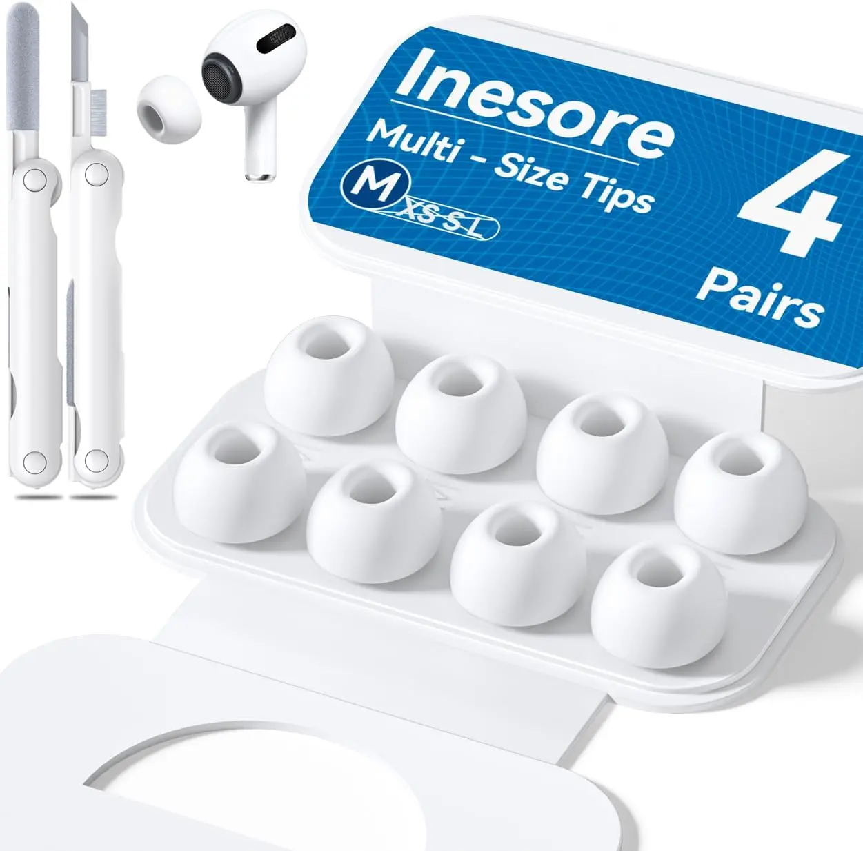4 Pairs Replacement Ear Tips for AirPods Pro 2nd/1st (White) | with Noise Reduction Hole & Built-in dust Guard Screen,Silicone,with Portable Storage Box & Cleaner Pen,4 Size (XS/S/M/L)