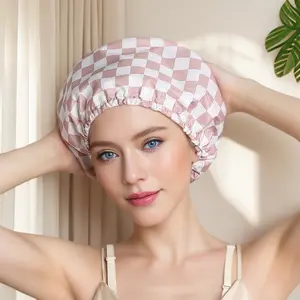 Satin Lined Luxury Shower Cap - Checker - Stylish Design for a Luxurious Shower Experience Adjustable Waterproof