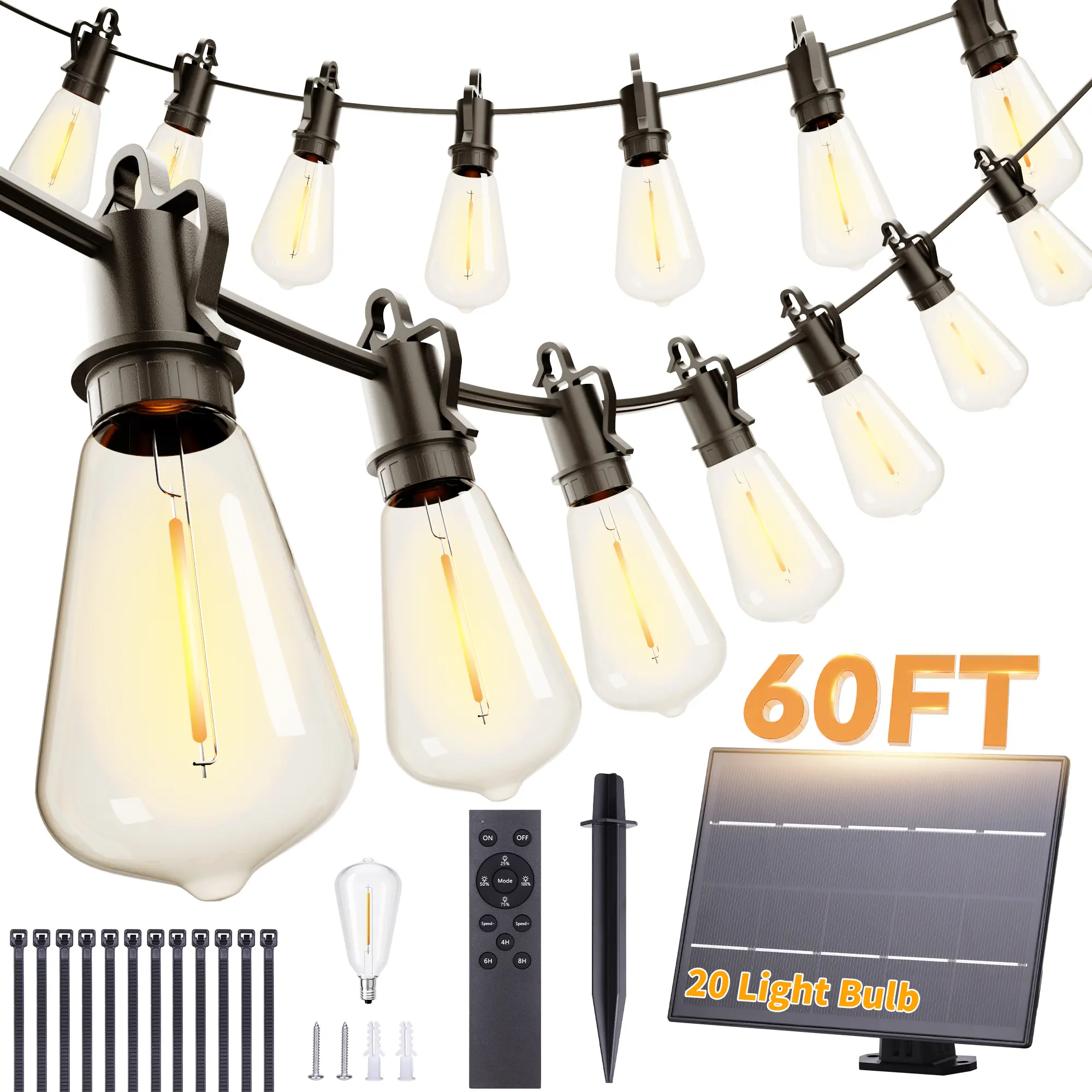 60FT ST38 Solar String Lights Outdoor, 20 Shatterproof LED Bulbs 2700K Warm White Dimmable Solar Powered Lights with Remote Control, IP65 Waterproof Hanging Decor Lights for Patio Garden Backyard Deck Camping lamp decorative