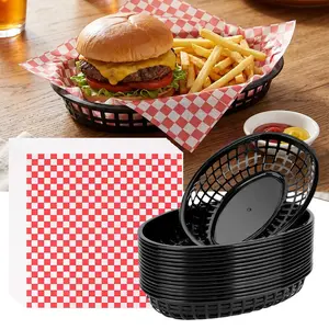 15 Pcs Plastic Fast Food Baskets + 100 Sheets 12” Red Gingham Deli Paper – Reusable Fry Trays & Disposable Liners for Fries, Bread, Fruit, Snacks – Perfect for Restaurants, Parties, Catering