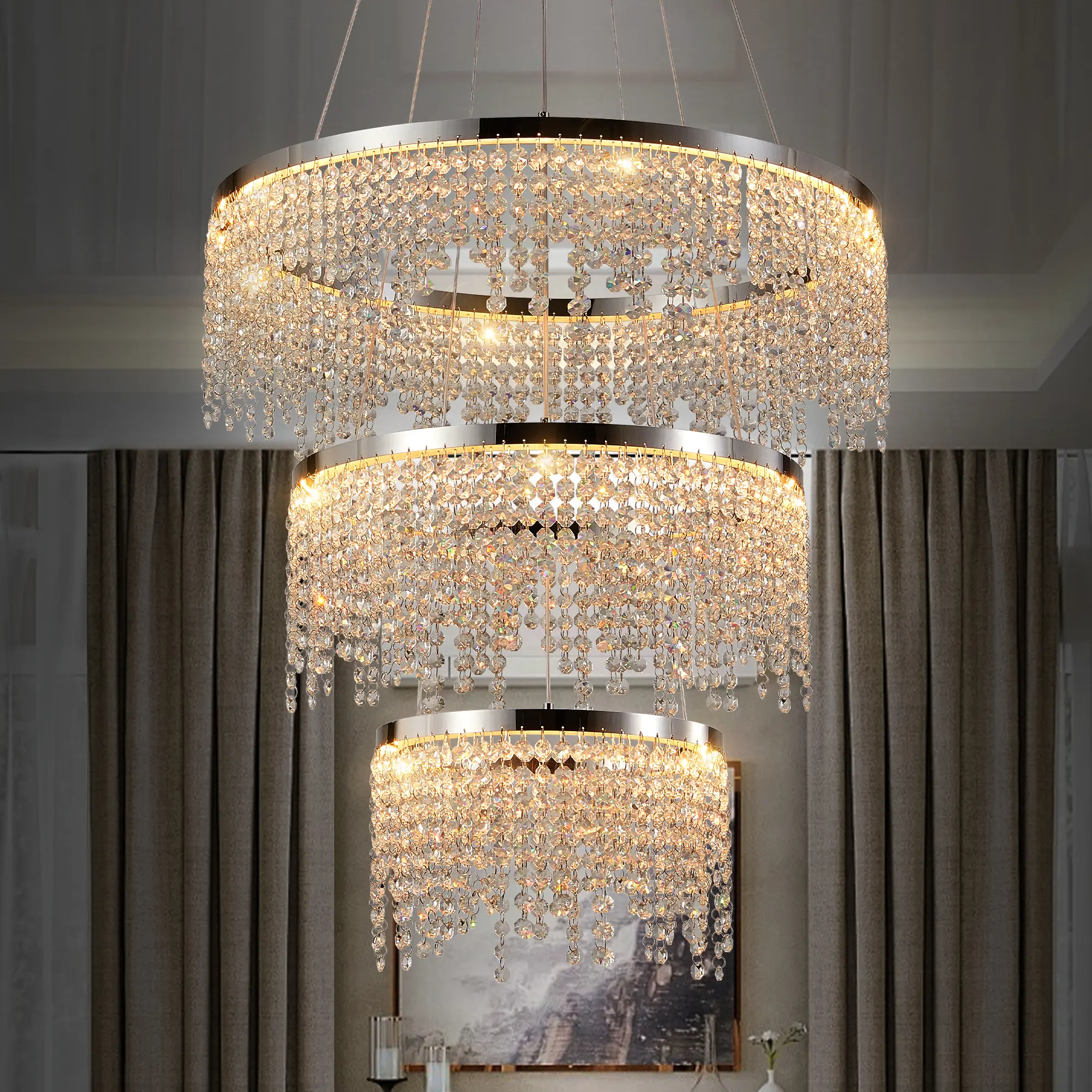 3-Tier Luxury K9 Crystal Chandelier Modern LED Pendant Light for High Ceilings, Entryway, and Living Room