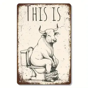 Charming retro cow patterned metal toilet logo - Durable home, bar, and office wall art - Easy to install 8x12 inch decoration