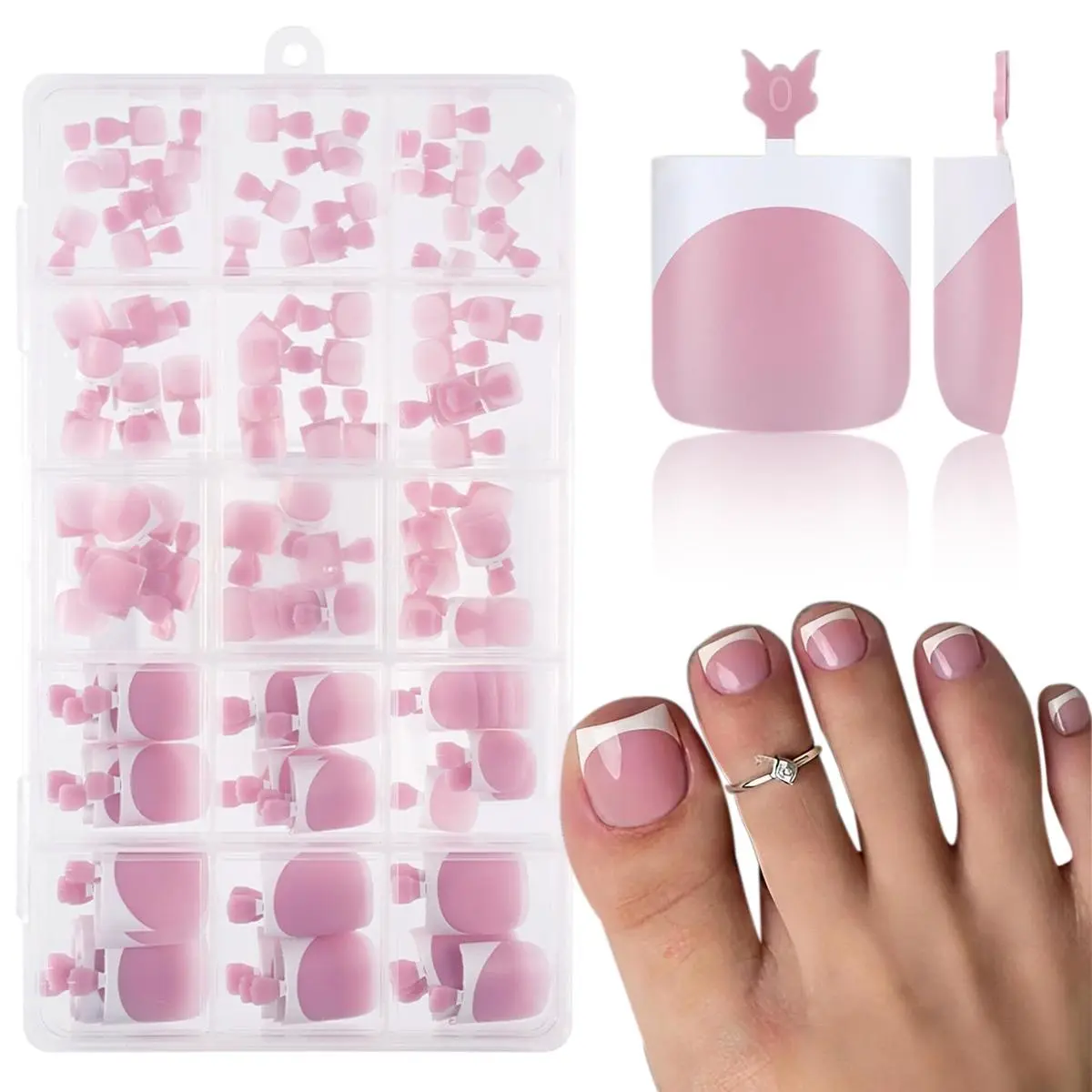 French Toe Nail Press Ons, Pre-Etched 15 Sizes 150Pcs, Sharp Square X-Soft Pink False Toenails, Soft Gel Full Cover Fake Toes for DIY Salon Pedicure & Nail Extensions, Press On Toenails, Toenail Press On Nails