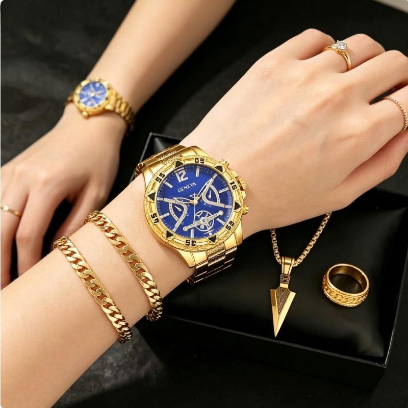 Hip-Hop Style Gold Watch Set | Rugged Chrono + Spear Necklace for Him
