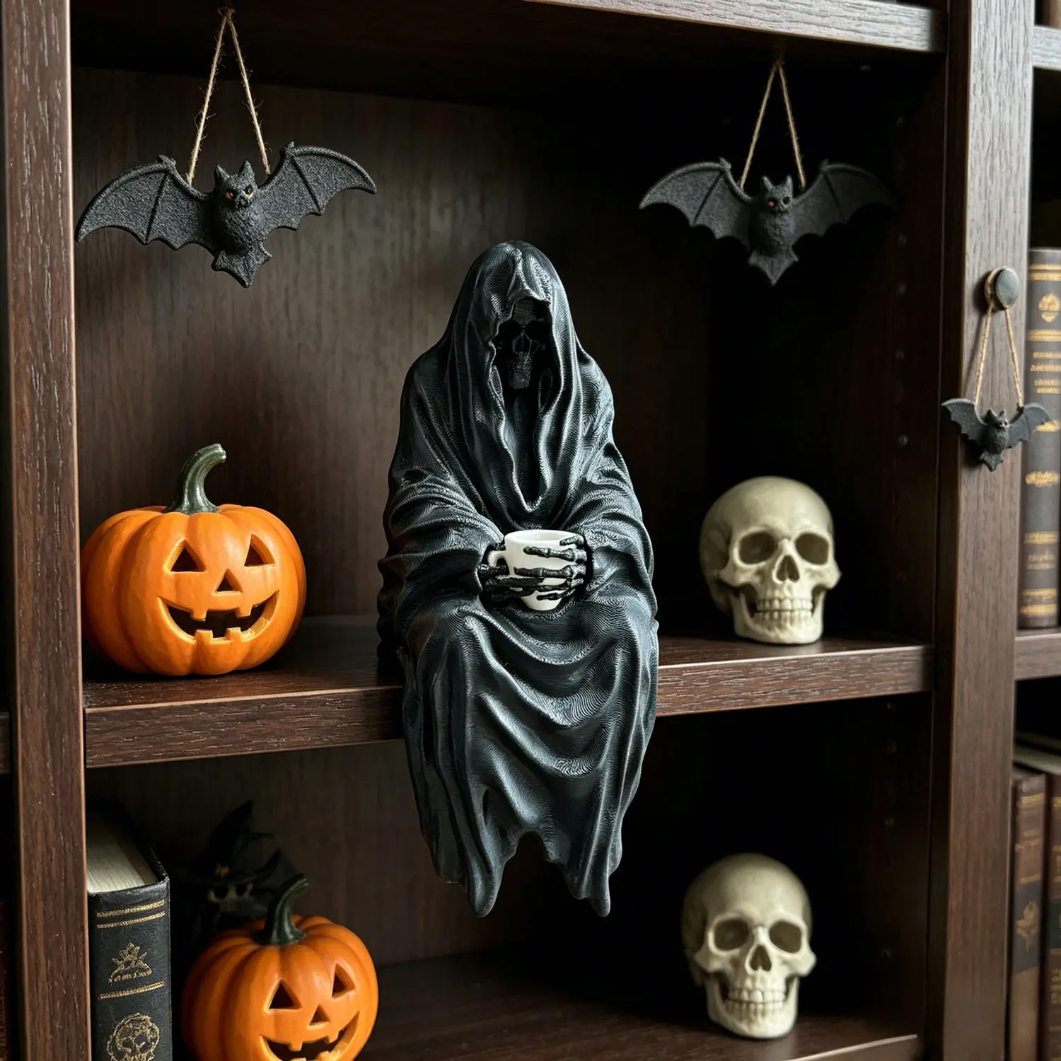 Hooded Grim Reaper Shelf Edge Sitter Ornament Gothic Dark Academia Reaper Holding Coffee Cup Figurine Spooky Home Decoration for Halloween Daily Room