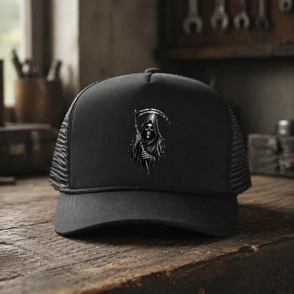 Men's Grim Reaper Trucker Baseball Hat Dad Hat - Edgy Funny Graphic Print Polyester, Breathable Mesh, Buckle Closure, 1 Size, Inelasticity, Stay Golden, Do Not Bleach, for 90s Streetwear & Daily Wear, Casual Cool Gift for Rock Lovers, Skull Cap, Skull Cap