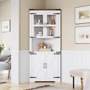 Farmhouse Corner Cabinet, Tall Corner Storage with Glass Door & Adjustable Shelves, Bathroom Cabinet with Storage for Living Room, Kitchen, Bathroom
