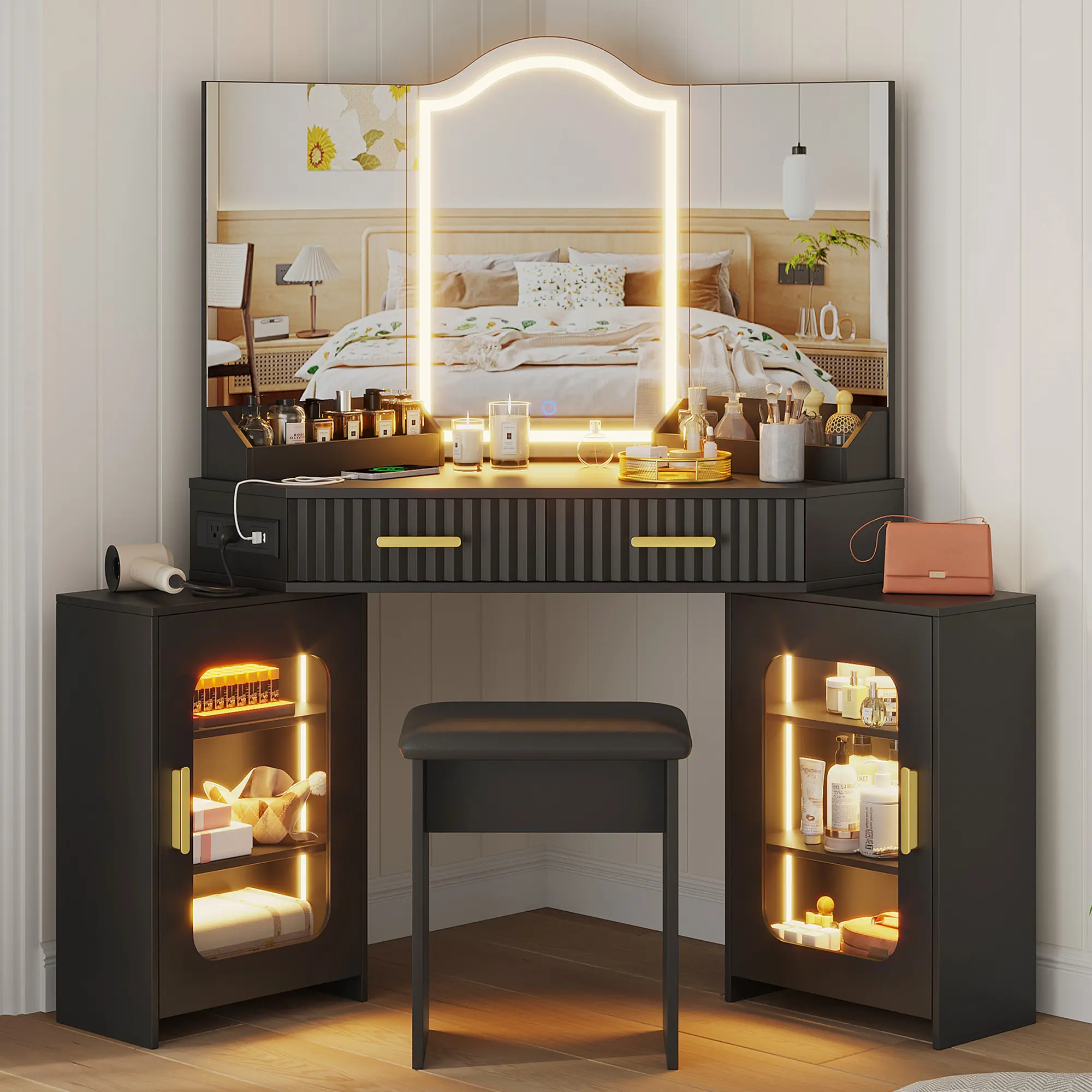 CASVIK Modern Black Corner Vanity with Mirror - Hexagonal Table, Glowing Arch 3-Color Lighting LED Mirror, Acrylic-Glass Charging Station, 2 Drawers, Storage Cabinets, Hidden Drawer, Matching Stool, Stable Organization for Small Bedrooms