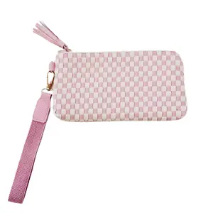 Woven Clutch Wristlet - Pink Check Vegan Leather with Inside Wristlet Strap & Card Holder for Convenience Trendy Minimalist Purse Purse Women