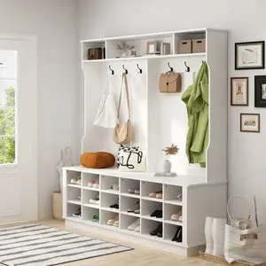 FUFU&GAGA Extra Wide Modern Hall Tree with Storage Bench, 4-in-1 Entryway Bench with Coat Rack, Tall Hall Tree with 6 Metal Hooks, Shelves & 18 Storage Cubes for Hallway, Living Room, White