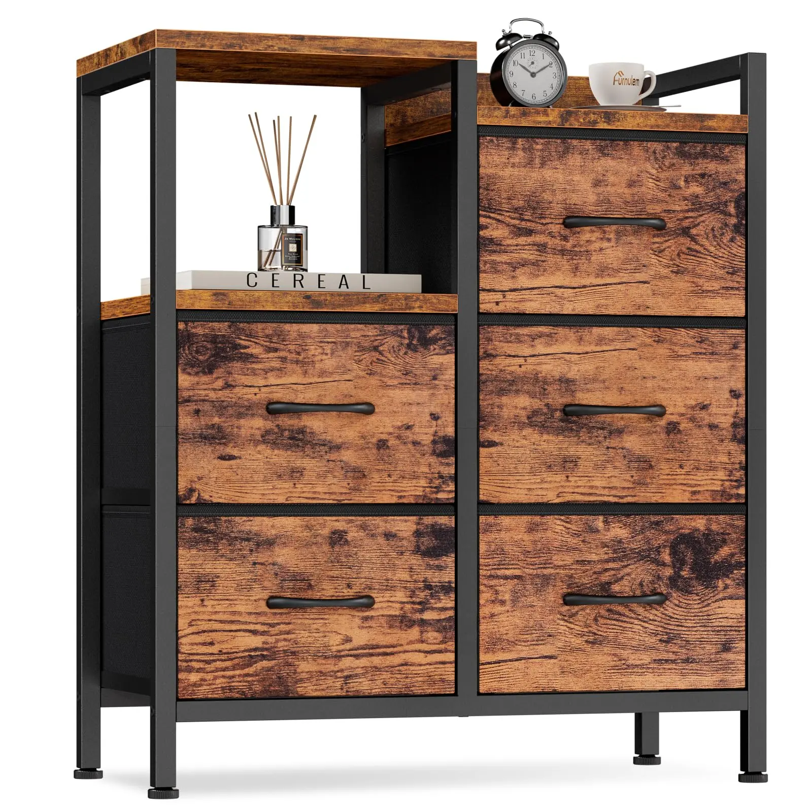 Rustic Brown Fabric Practical Dresser with 5 Storage Drawers, Double Shelves & Sturdy Metal Frame - Modern Indoor Storage Cabinet for Bedroom, Closet