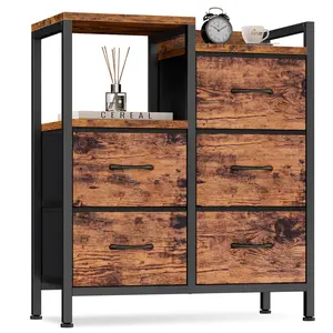 Rustic Brown Fabric 5-Drawer Dresser with Double Shelves and Sturdy Metal Frame, Modern Storage Cabinet for Bedroom, Closet