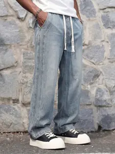 Men's Loose Fit Drawstring Jeans, Vintage Washed Elastic Waist, Casual Daily Wear, Comfortable Fashion Denim Jeans, All Seasons