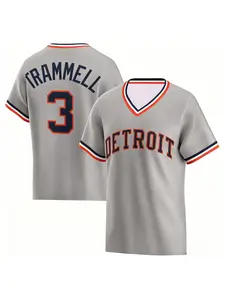 Detroit Trammell 3 Gray V‑Neck Retro Baseball Jersey, Breathable Quick Dry Sports Tee with Navy‑Orange‑White Striped Trim & Bold "TRAMMELL 3" Print, for Detroit Fans, Baseball Collectors, Sports Supporters & Streetwear Enthusiasts