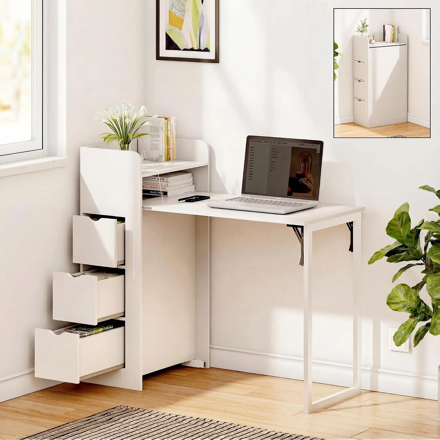 LAUSAINT HOME Modern Wall-Mounted Foldable Desk - Engineered Wood with Drawers, Anti-Slip Feet, Storage, Power Outlet - Space-Saving Hidden Table for Home Office Small Spaces