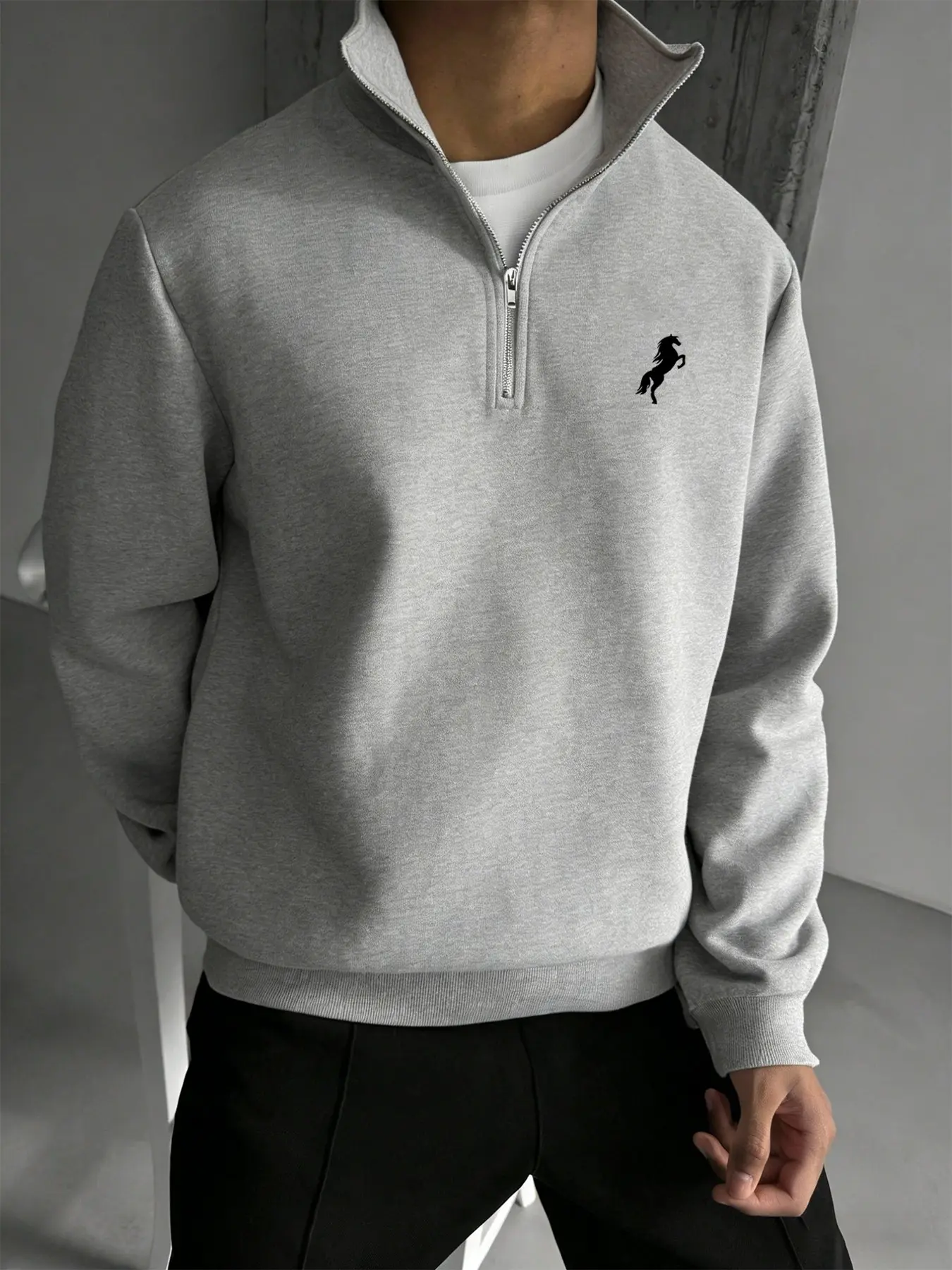 Men's Half-Zip Pullover Sweatshirt, Casual Geometric Print Stand Collar, Loose-Fitting Long Sleeve Fleece, Spring & Fall Fashion, Fleece Sweatshirts, Half Zip Collared