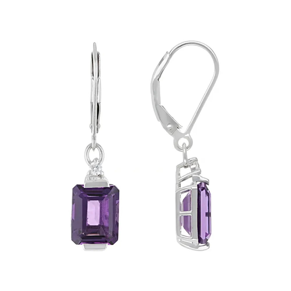 Adults' Elegant Gemstone Earrings - 3.99ctw Purple Canela Amethyst, 0.06ctw Moissanite, Rhodium Over Sterling Silver, Octagonal-Rectangular Crystal-Stone Mix, Lever Backings, 1.27in L