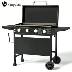KingChii 30.6 Inch 4 Burner Gas Griddle with Integrated Hard Cover Portable Flat Top Grill with Cart Base Side Shelves Non Stick Propane BBQ Grill for Outdoor Backyard