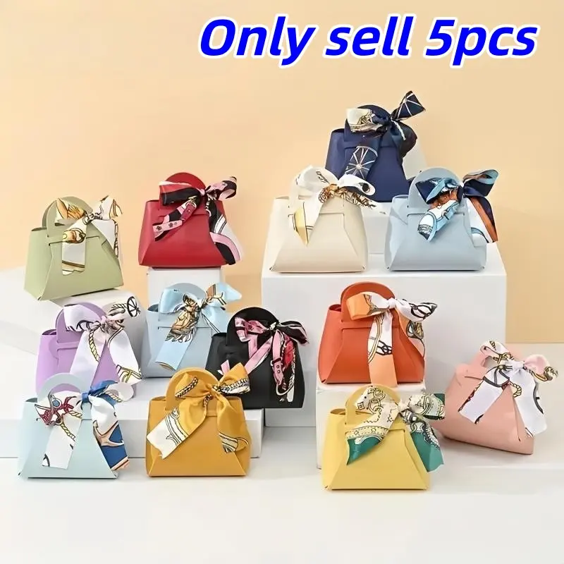 5-Piece Creative Wedding Gift Bags, Faux Leather Handbag Favor Packaging, Gift Wrap Bags, Elegant Bow Tie Gift Bag Set for Weddings, Birthdays, Parties, Party Favors Bag, Party Goodie Bags