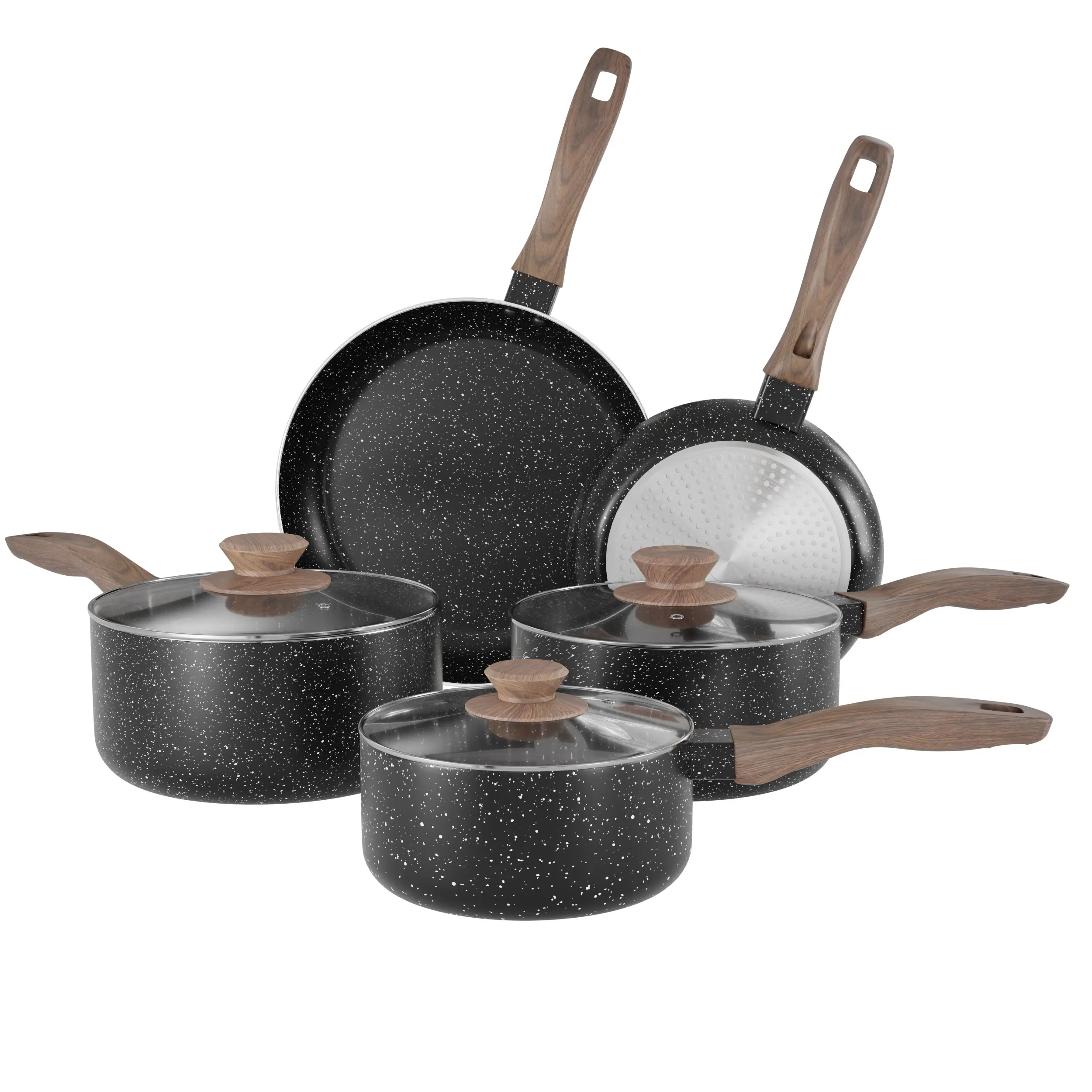 KICHLY Granite Pots and Pans Set Non Stick 8 Piece Cookware Set, Induction Frying Pans, Saucepan with Lids, Induction Compatible Cookware, PFOA-Free Non-Stick Cooking Set, Black