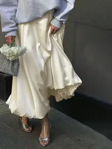 Women's High-Waisted Fitted Solid Satin A-Line Bubble Midi Skirt, Casual Puff Ruched Skirt Elegant Date Wear All Season， Valentine, Womenswear