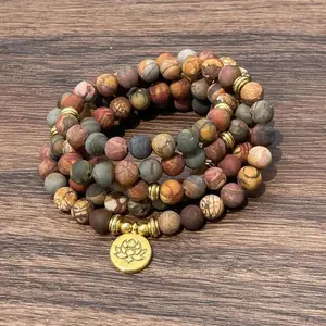 Natural Matte Red Creek Jasper Prayer Lotus Charm Healing Reiki 108 Mala Beads Bracelet Prayer Meditation Inner Peace Bracelet