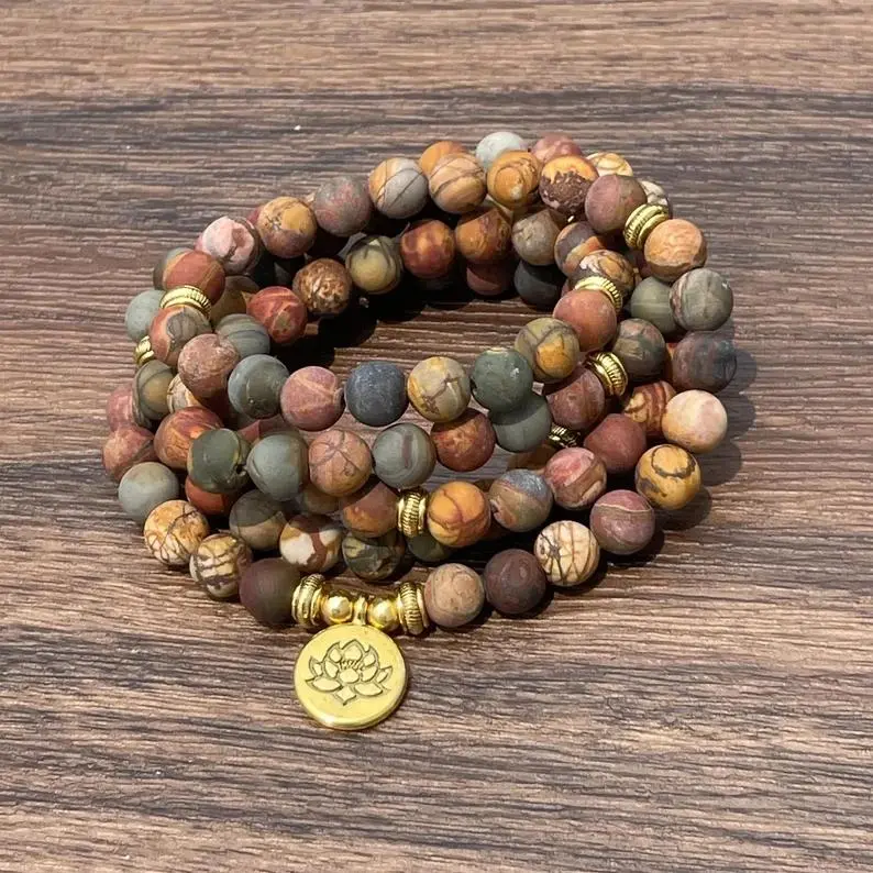 Natural Matte Red Creek Jasper 108 Prayer Bead Mala Bracelet, Lotus Charm, Healing Reiki Jewelry for Meditation, Stress Relief, Daily Wear