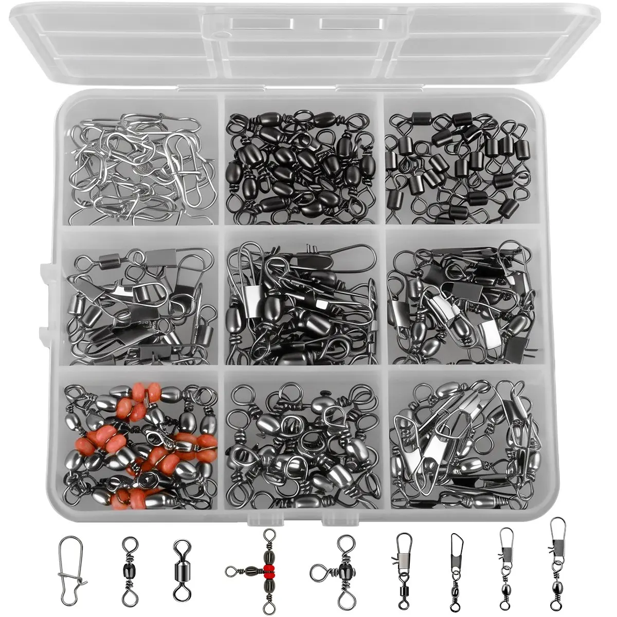 120 Piece Fishing Swivel Snap Kit, Fishing Accessories, Include Rolling Barrel Swivels, 3 Ways Fish Line Connector with Snaps Clips, Crossline Triple Ring, Fishing Terminal Accessories, Bait Lead Sinkers Connector, Fishing Gear Supplies
