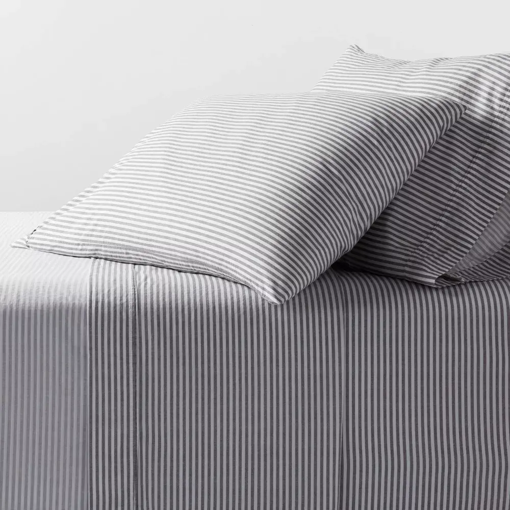 Twin/Twin XL Organic Percale Sheet Set Charcoal/White Stripe - Threshold
