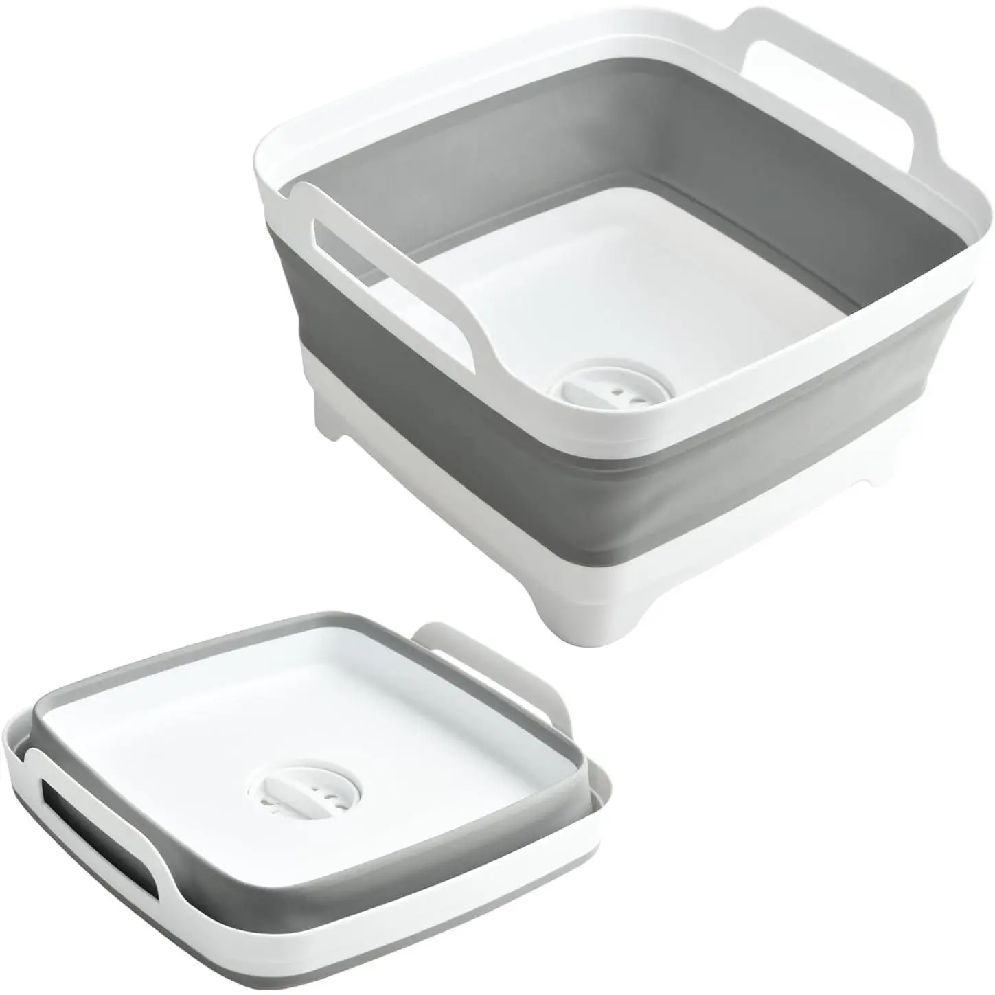 Plastic Rectangular Foldable Compact Wash Basin (2.4Gal/9L) with Drain Plug, Space-Saving Wash Tub for RVs, Camping (Gray)