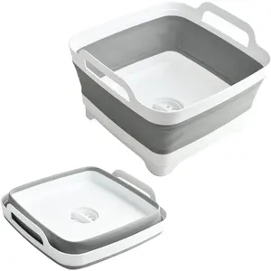 Collapsible Dish Basin 2.4Gal/9L, Foldable Kitchen Sink Tub With Drain Plug,Wash Basin for Dishes,Fruits,Bottles,Space-Saving for RVs,Camping & Laundry(Gray)