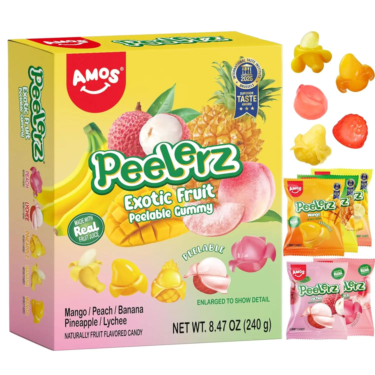 AMOS Peelerz Exotic Fruit Peelable Gummy Candy, 5 Fruit Flavors, Mango, Peach, Banana, Pineapple & Lychee, 8.47 oz, Individually Wrapped