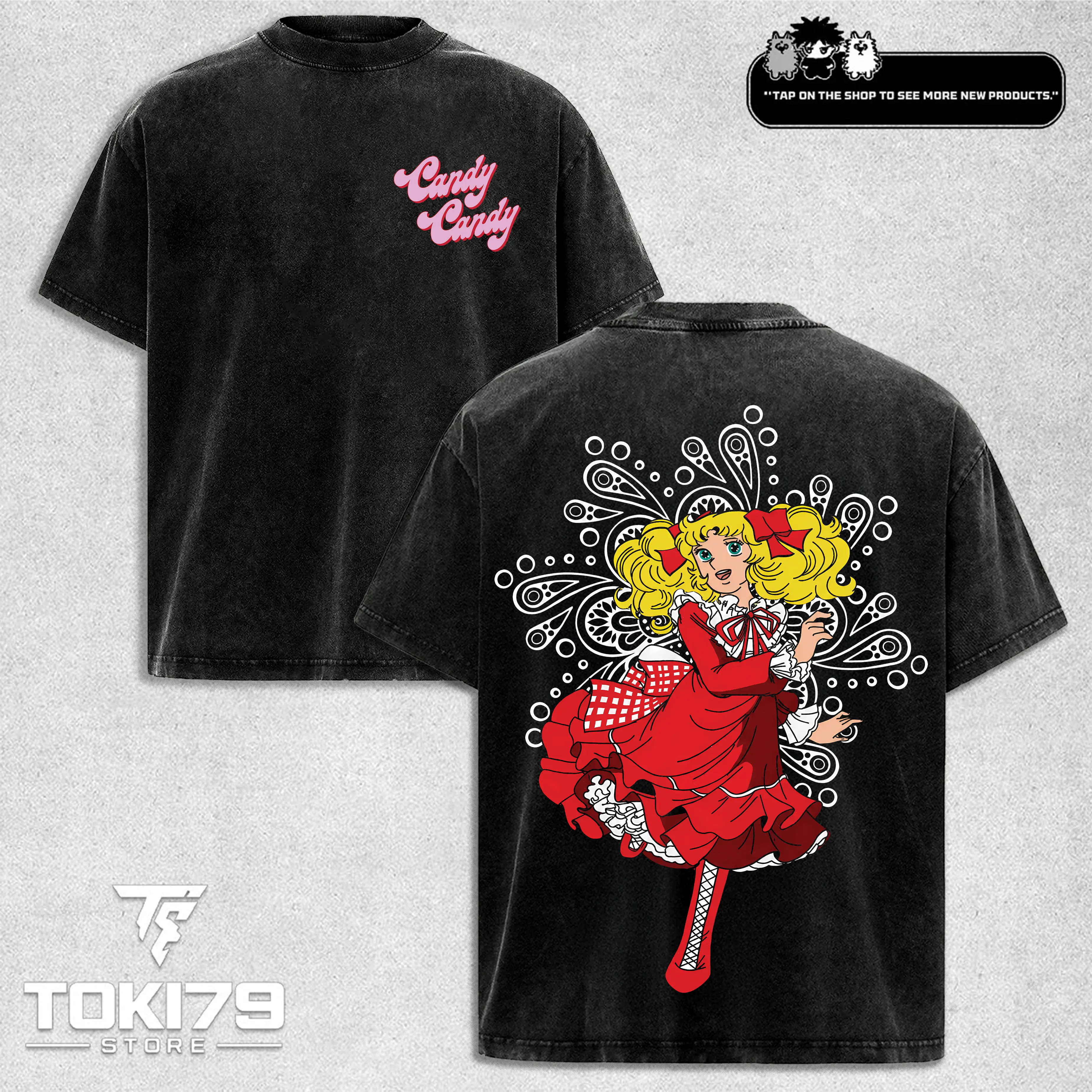 Candy Candy double sided Washed anime manga game Graphic Tees Tops Menswear Soft fan merch shirt streetwear
