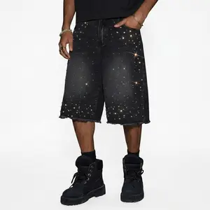Men Baggy Denim Shorts Rhinestone Embellished Frayed Hem Washed Black European Sizes Non Stretch Spring Summer Streetwear Skateboarding Casual Daily Wear New Arrival Viral Trend outdoorfun